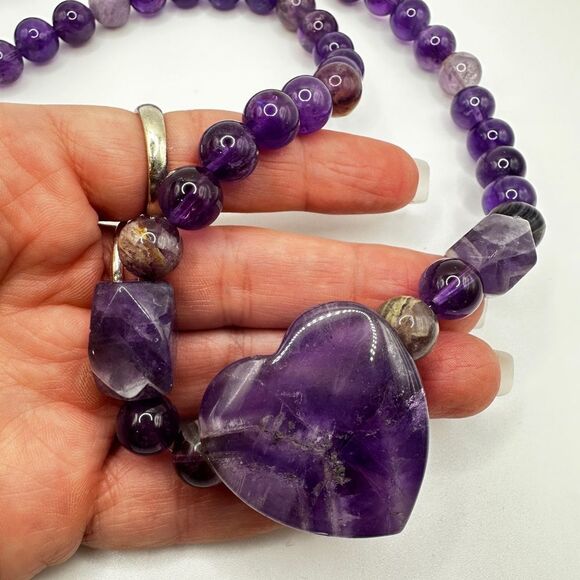 22" of ALL types of Amethyst beads, massive heart pendant necklace, 925 clasp! - Picture 7 of 15
